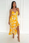 Yellow Floral Printed Strappy High Low Frill Hem Midi Dress