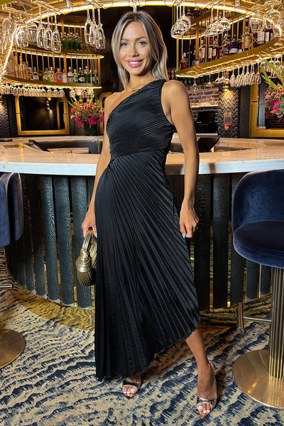 Black One Shoulder Pleated Satin Midi Dress – AX Paris
