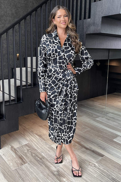 Black And White Giraffe Print Side Tie Waist Wrap Midi Dress – AX