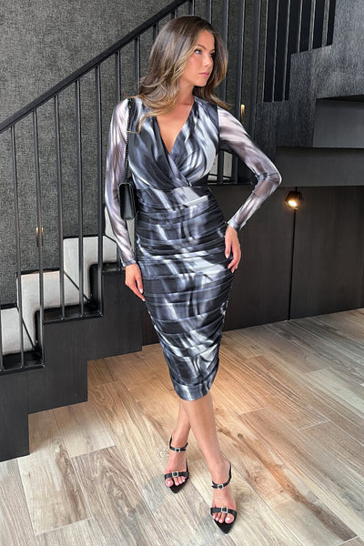 marble long sleeve dress Black And White Marble Print Wrap Long Sleeve Ruched Mesh Midi Dress – AX  Paris