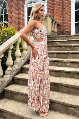 Cream Printed One Shoulder Pleated Midi Dress