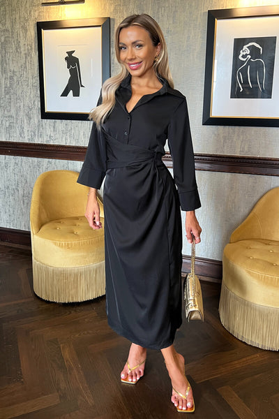 Black 3/4 Sleeves Gathered Waist Shirt Midi Dress – AX Paris
