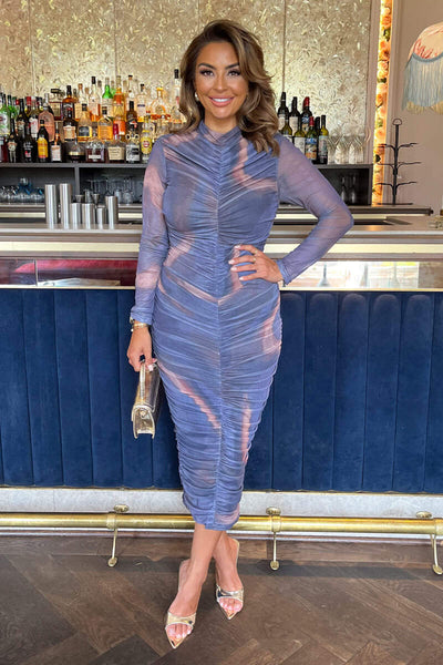 tie dye ruched dress Round Neck Tie Dye Ruched L/S Mesh Dress
