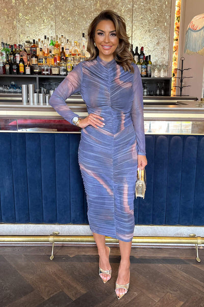 Purple Tie Dye Print High Neck Long Sleeve Ruched Midi Dress – AX Paris