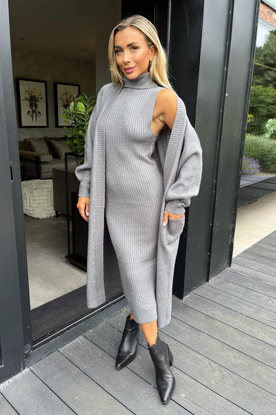 Mid Grey Knitted Midi Dress And Cardigan Co-ord – AX Paris