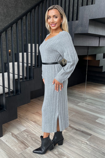 Mid-Grey V-Neck Knitted Midi Dress – AX Paris