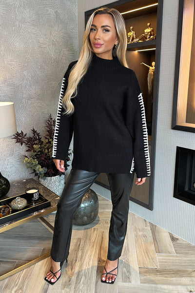 Black Mock Neck Blanket Stitch Detail Knit Jumper – AX Paris