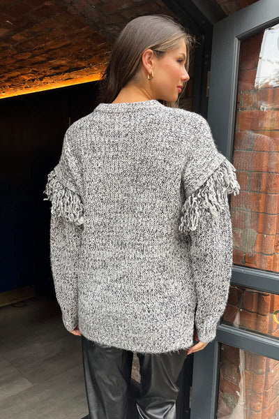 Grey and Black Fringe Detail Sleeve Knitted Jumper – AX Paris