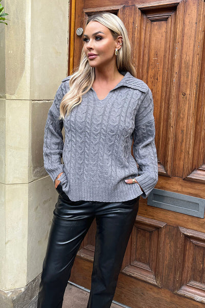 Mid- Grey V- Neck Collared Cable Knit Jumper – AX Paris