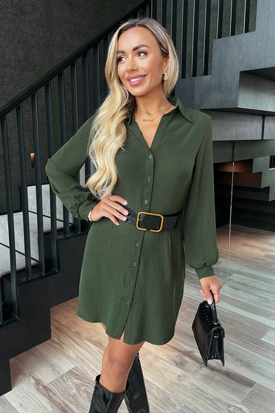 Olive Button Front Belted Shirt Mini Dress AX Paris Olive Button Front Belted Shirt Mini Dress AX Paris