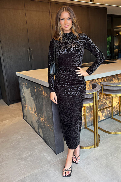 Black Jacquard Velvet Long Sleeve Gathered Side Midi Dress 16 Black Jacquard Velvet Long Sleeve Gathered Side Midi Dress 16