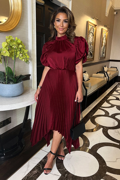 Wine High Neck Puff Sleeve Zig Zag Hem Pleated Midi Dress – AX Paris