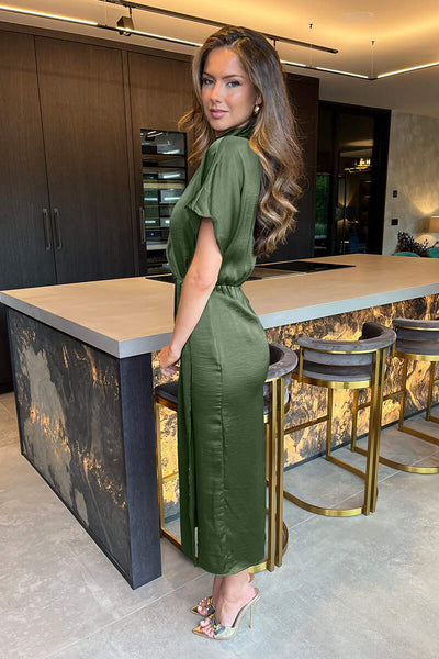 Olive Satin High Neck Wrap Skirt Midi Dress – AX Paris