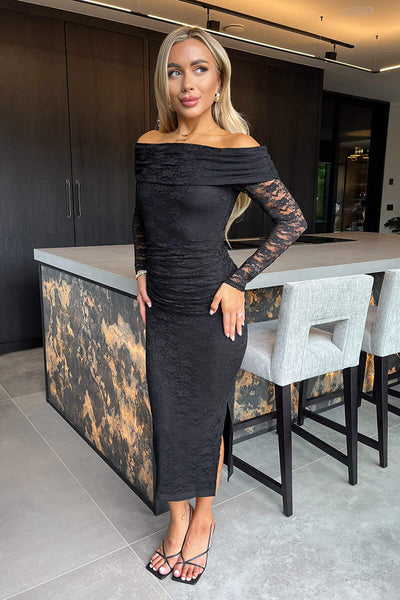 Black Lace Bardot Long Sleeve Ruched Bodycon Midi Dress – AX Paris