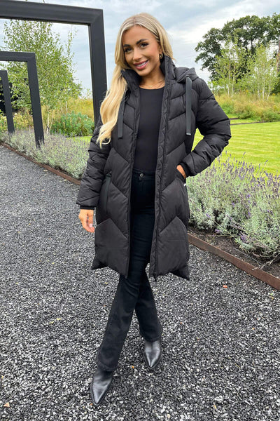 Longline Puffer Long Padded Coat With Side Zips Black Hooded Long