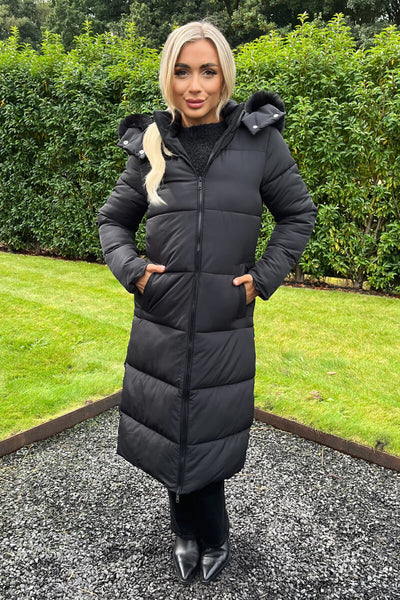 Faux Fur Hood Black Fitted Puffer Coat Faux Fur Collar Black