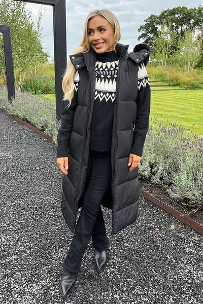 Black Faux Fur Hooded Longline Padded Gilet – AX Paris