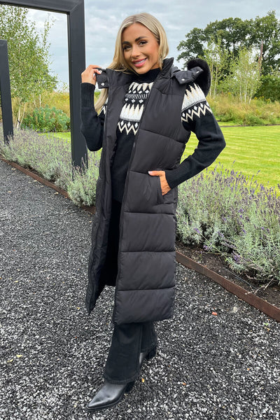 Black Faux Fur Hooded Longline Padded Gilet – AX Paris