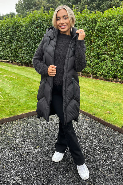 【acka】original long gilet Khaki Faux Fur Hooded Longline Padded Gilet – AX Paris