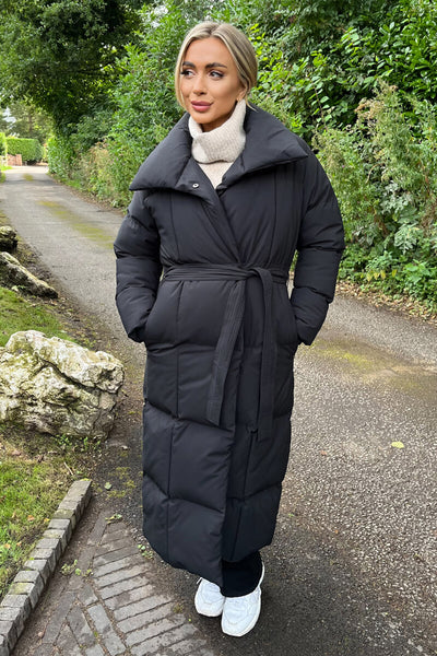 Black Tie Waist Quilted Longline Puffer Coat – AX Paris