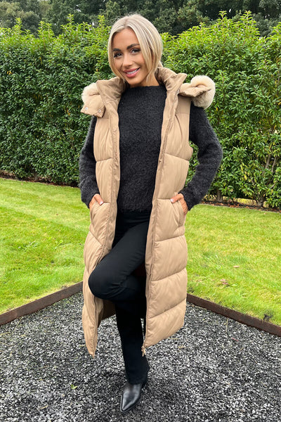 Biscuit Faux Fur Hooded Longline Padded Gilet – AX Paris