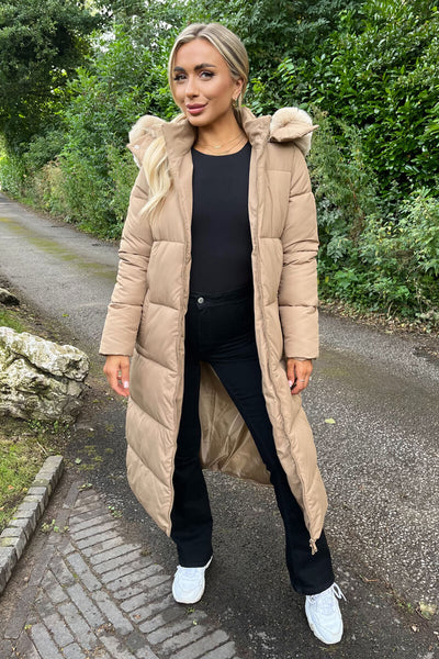 Biscuit Faux Fur Hooded Longline Padded Coat – AX Paris