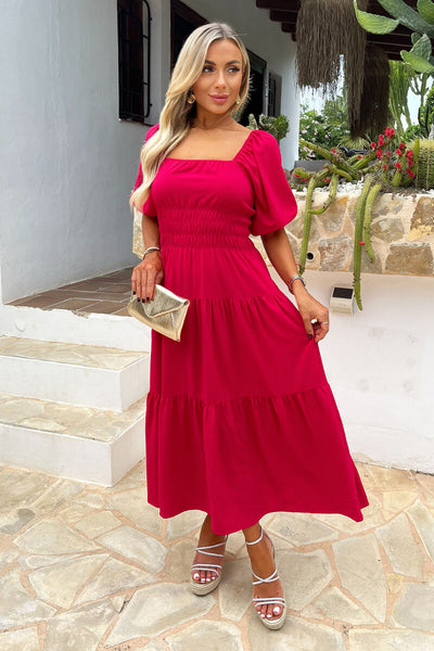 Magenta Puff Sleeve Shirred Waist Smock Midi Dress – AX Paris