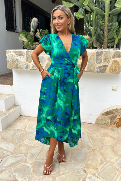 Green And Blue Abstract Print Short Sleeve Belted Wrap Midi Dress Green And Blue Abstract Print Short Sleeve Belted Wrap Midi Dress