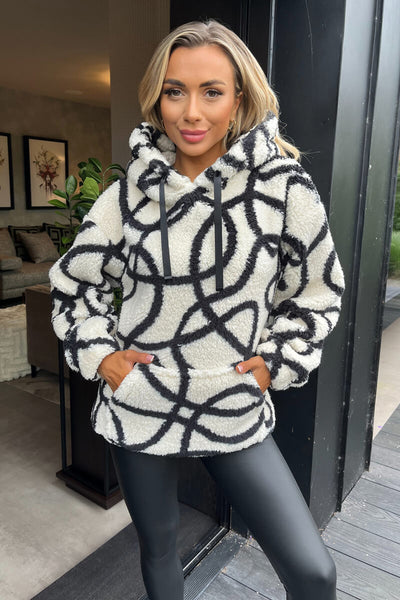 Cream And Black Swirl Pattern Front Pocket Teddy Hoodie – AX Paris