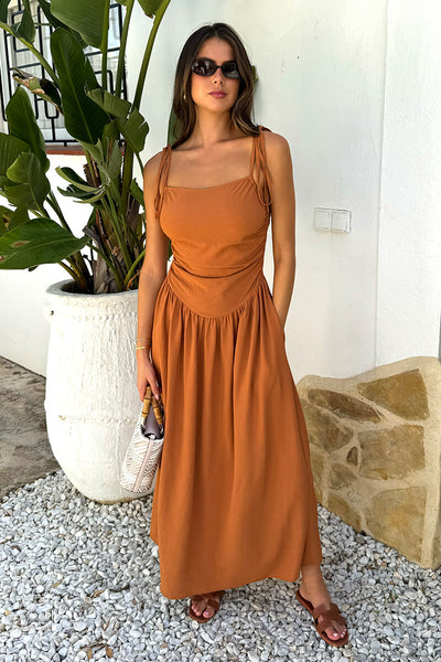 ruched drawstring midi dress Rust Drawstring Tie Straps Ruched Top Midi Dress – AX Paris