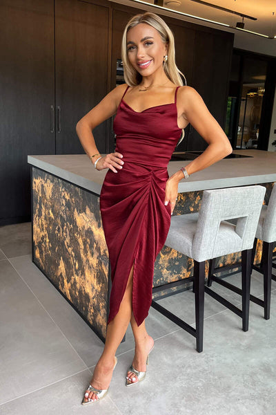 Satin Cowl Neck Burgundy Satin Bodycon Dress Wine Satin Strappy