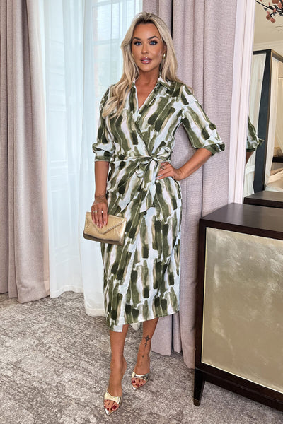 Khaki Brush Stroke Print 3/4 Sleeve Tie Waist Wrap Shirt Midi Dress – AX Paris