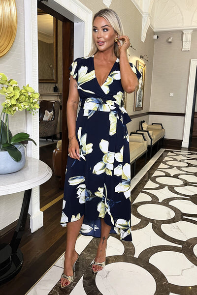 Navy Floral Print Short Sleeve Belted Wrap Midi Dress – AX Paris