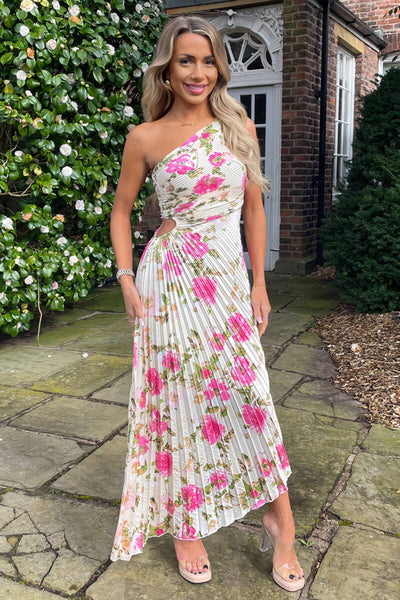 Cream and Pink Floral Print One Shoulder Pleated Satin Midi Dress AX Paris Cream and Pink Floral Print One Shoulder Pleated Satin Midi Dress AX Paris