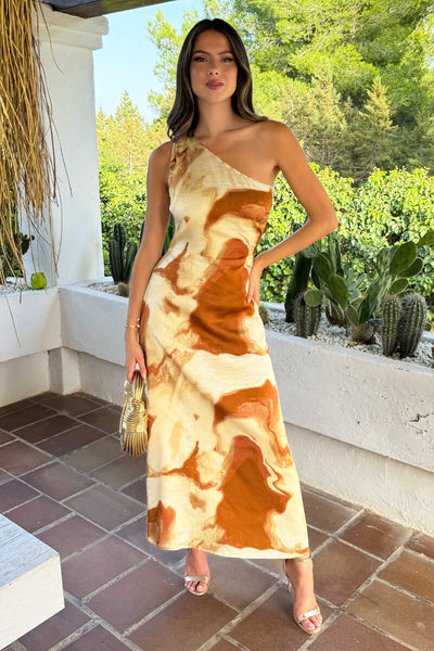 Brown And Stone Marble Print One Shoulder Open Back Twist Detail Midi – AX  Paris