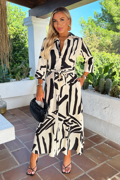 Black And Cream Abstract Print 3/4 Sleeve Shirt Midi Dress AX Paris Black And Cream Abstract Print 3/4 Sleeve Shirt Midi Dress AX Paris