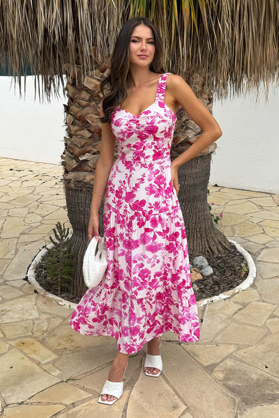 AX Paris Pink & White Floral Print Shirred Straps Tiered Midi Dress