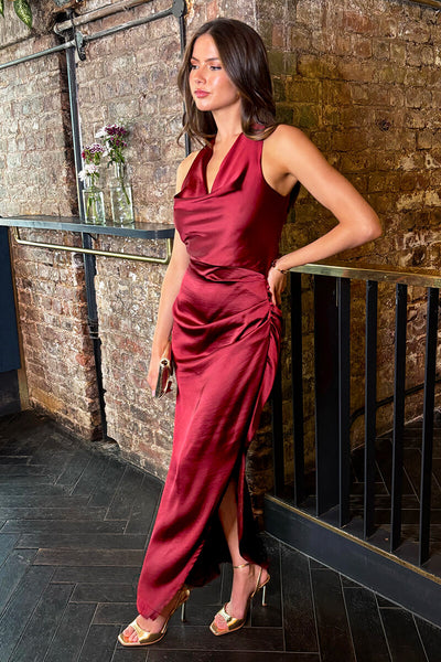 rusty strappy back cowl neck satin midi dress Wine Satin Cowl Neck Cross Back Midi Dress 16