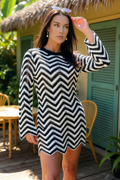 Black And White Zig Zag Long Sleeve Crochet Mini Dress  AX Paris