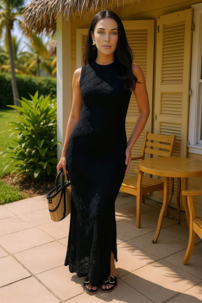 black knit dress with split Black Side Slit Midi Dress