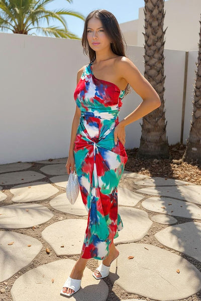 one shoulder tie dye dress Multi Tie Dye Printed One Shoulder Knot Skirt Midi Dress – AX Paris