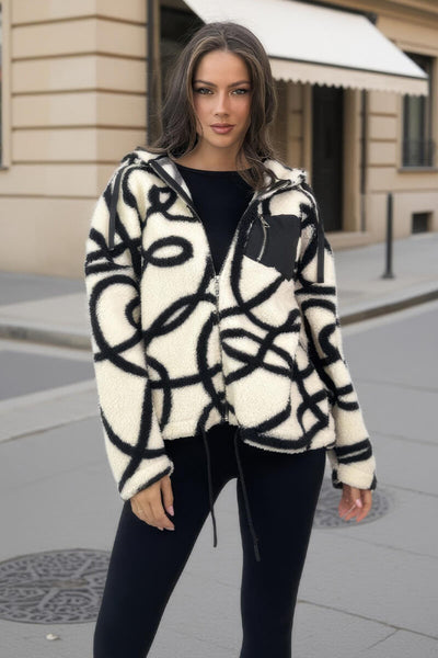 Cream And Black Swirl Pocket Detail Hooded Teddy Jacket – AX Paris