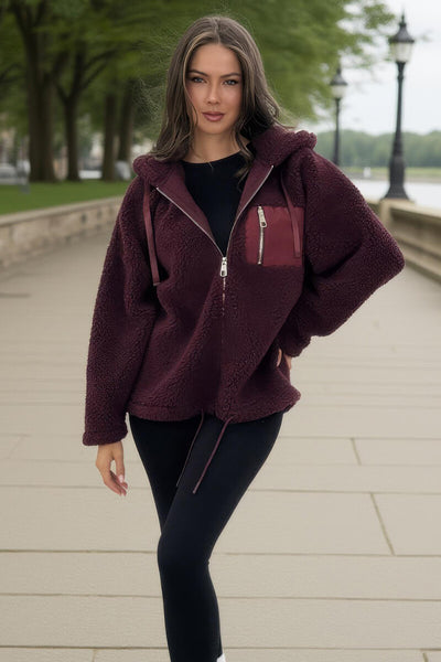 Burgundy Pocket Detail Hooded Teddy Jacket – AX Paris