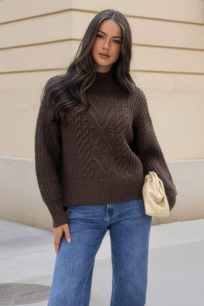 Chocolate Mock Neck Cable Knit Jumper – AX Paris
