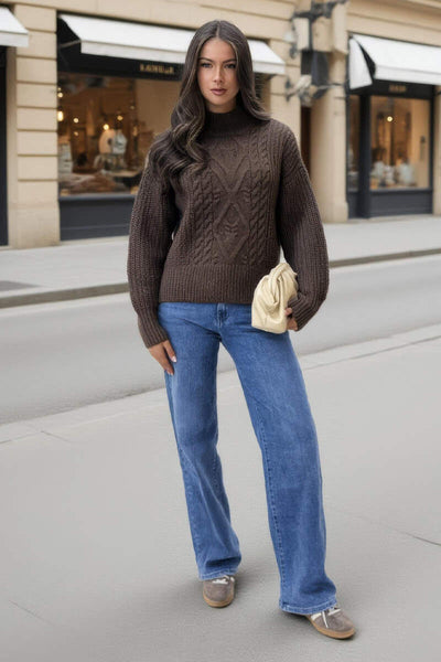 Chocolate Mock Neck Cable Knit Jumper – AX Paris