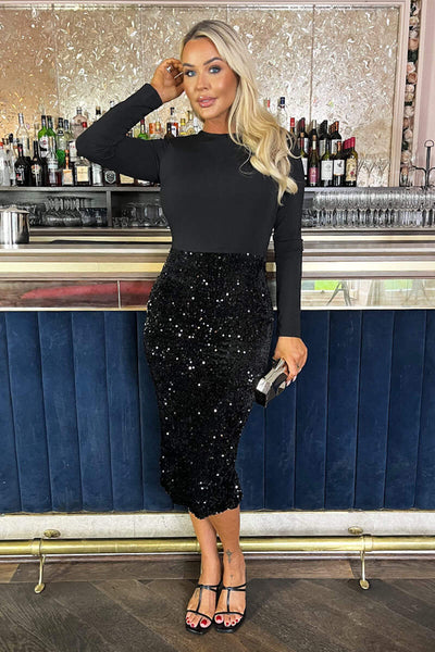 Dress Down A Sequin Skirt Black Velvet Sequin 2 in 1 Long Sleeve Midi Dress   AX