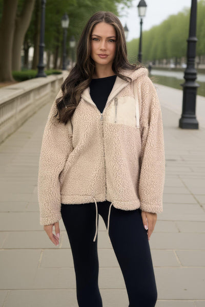 Oatmeal Pocket Detail Hooded Teddy Jacket – AX Paris Oatmeal Pocket Detail Hooded Teddy Jacket – AX Paris