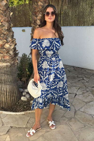 AX Paris Women's Blue Palm Tree Print Bardot Frill Hem Midi Dress AX Paris Women's Blue Palm Tree Print Bardot Frill Hem Midi Dress
