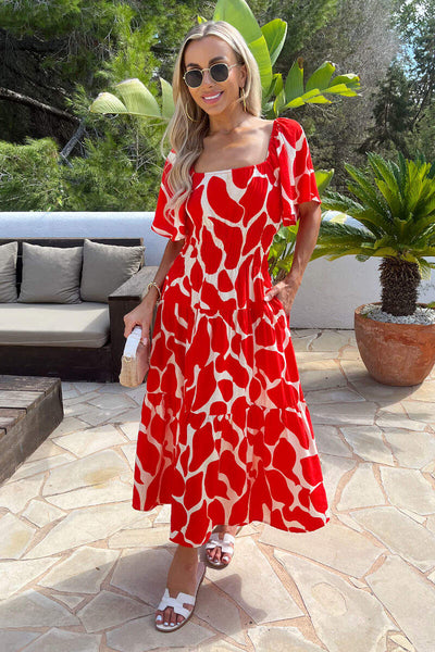 red smock midi dress AX Paris - Abstract Print Shirred Waist The flowing skirt moves Size:18.5