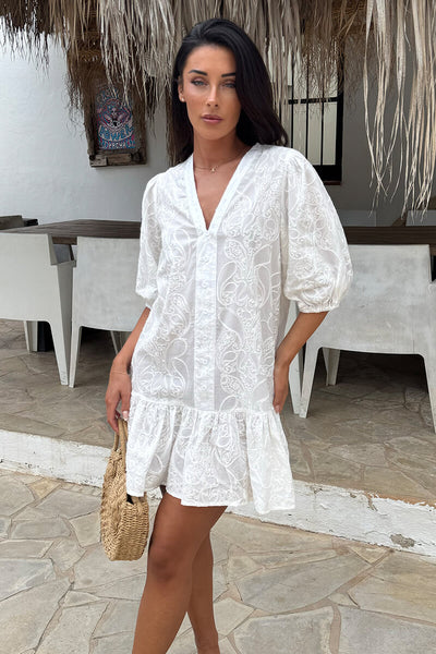 White Paisley Embroidered Button Front Frill Hem Mini Dress – AX Paris